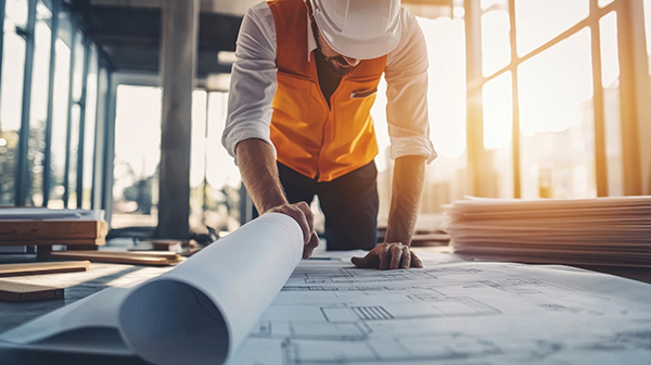 man working with blue prints